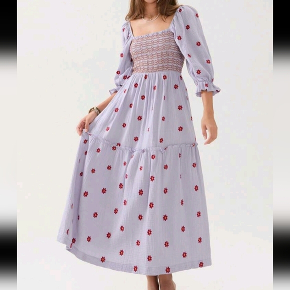 Women Long Dress, Long Sleeve Dress Square Neck Embroidery Flower Loose Swing Dr - Picture 1 of 4